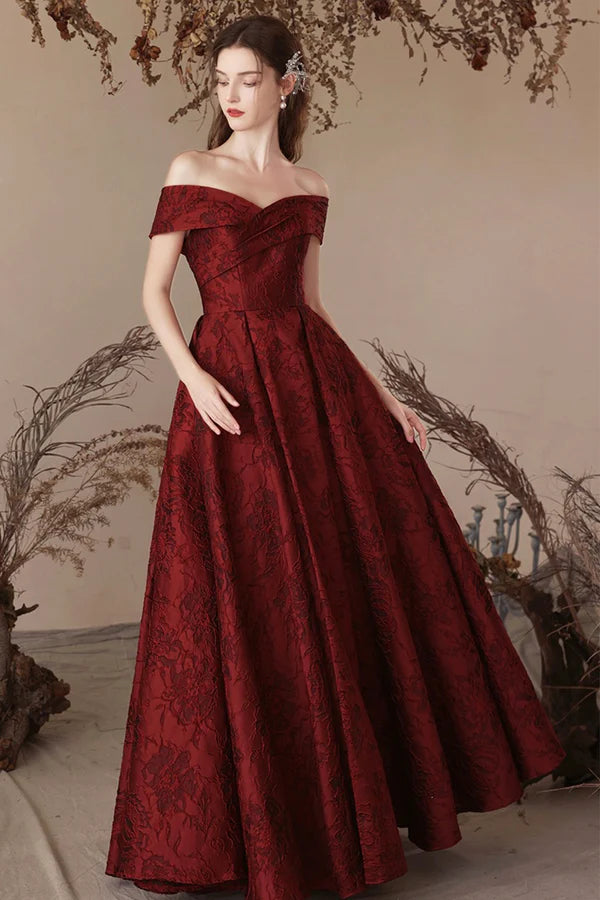 Wholesale Burgundy Satin Long Prom Dress Beautiful A-Line Off the Shoulder Evening Party Dress